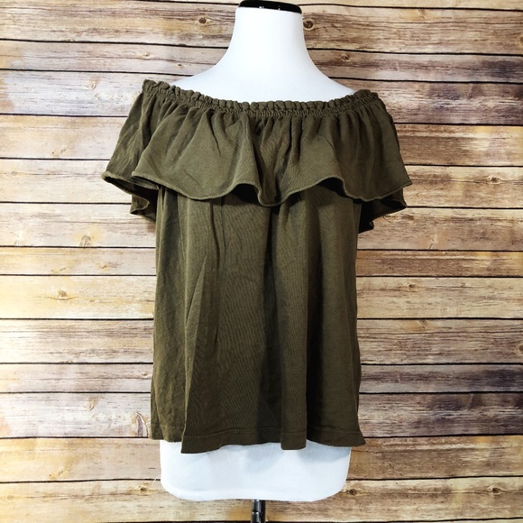 Current/Elliott Tops - Current/Elliott Stone Grey Ruffle Top Off Shoulder